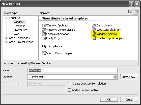 New Project – Windows Service